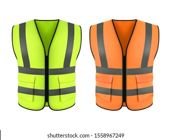Set of realistic reflective orange vest or green construction jacket. Clothing form or safety cloth, fluorescent wear for worker, Waistcoat or workwear, warning equipment for road. Sleeveless suit