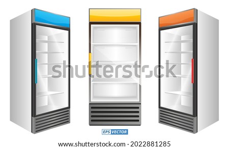 set of realistic refrigerator with one door or open refrigerator with two doors full of food vegetable meat fish or fridge refrigerator mock up.