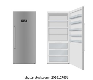 Set of realistic refrigerator with open and closed door vector illustration. Electronic fridge with cooling temperature display and shelves for products storage isolated. Home freezer for household