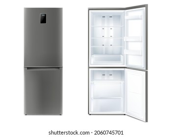 Set of realistic refrigerator with open and closed door vector illustration. Electronic fridge with cooling temperature display and shelves for products storage isolated. Home freezer for household
