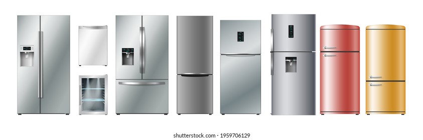 Set of realistic refrigerators of different size, style and color. 3d fridges collection. Domestic kitchen freezers for products and food storage. Vector illustration