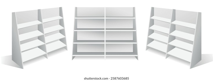 Set of Realistic Retail Store Display Shelving Units isolated on white  