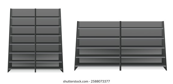 Set of Realistic Retail Store Display Shelving Units isolated on white  