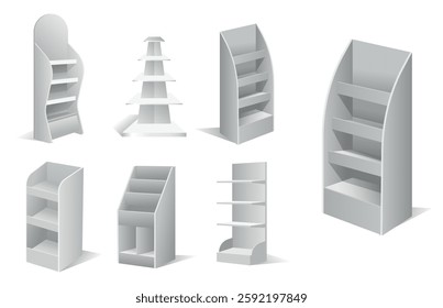 Set of Realistic Retail Store Display Shelving Units isolated on white  