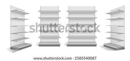 Set of Realistic Retail Store Display Shelving Units isolated on white  