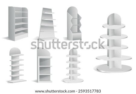 Set of Realistic Retail Store Display Shelving Units isolated on white  