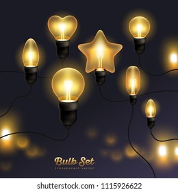 Set of realistic retro bulbs with shining light isolated on black background with bokeh. Vector illustration. Heart and star shape lightbulbs for holiday party