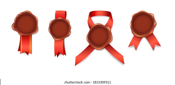 Set realistic retro vintage red seal wax stamps with logos pictograms labels and ribbons. Stamp wax for a certificate, documents, envelopes, certification protection, warranty, quality mark vector