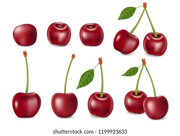 Set of realistic ripe cherry with leaves. Templates for juice, healthy diet and nutrition advertising. Red Cherry isolated on white. 3d Vector illustration