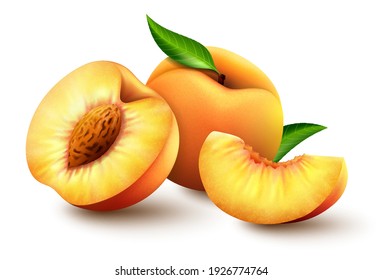 Set of Realistic ripe peaches with green leaves, whole, half and slices. Juicy sweet fruits realistic 3d vector high detail on white background. Ripe peaches, whole and sliced. Vector illustration.