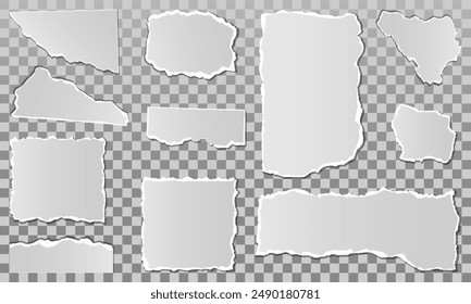 Conjunto de hojas de papel blanco rasgado realista aislado sobre fondo transparente. Papel rasgado blanco rasga pedazos del borde de la hoja, nota chatarra o páginas del cuaderno. Ilustración vectorial.