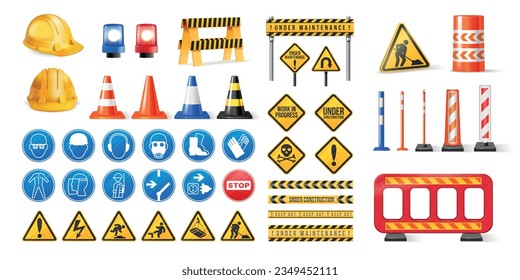 Conjunto realista de señales de seguridad y reparación de carreteras en el marco de cintas de construcción conos y barreras ilustradas de vectores aislados