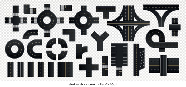 Conjunto de caminos realistas. Intersecciones de asfalto, autopistas y calles de la ciudad para la dirección circular de movimiento de autos o vehículos. Copiar espacio. 3.ª colección vectorial aislada en fondo transparente