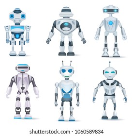 Set of realistic robot isolated on white background. Robots of different shapes for game design. Vector illustration