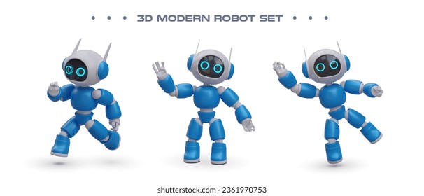 Set of realistic robots. Droid in different positions. Cyborg runs, stands, falls. Color illustrations on white background. Chatbot icons. Assistant with artificial intelligence