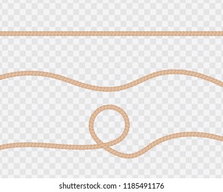 Set of realistic ropes or strings, straight and twisted. Natural twisted lines with loops isolated on a transparent background. Vector