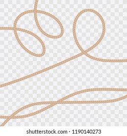 Set of realistic ropes or strings, straight and twisted. Natural twisted lines with loops isolated on a transparent background. Vector