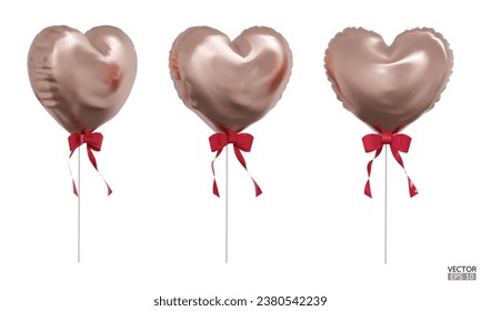 Set of realistic rose gold heart balloons with red rbbon isolated on background. Helium pink heart balloons clipart for anniversary, birthday, wedding, Christmas, card  party. 3D vector illustration