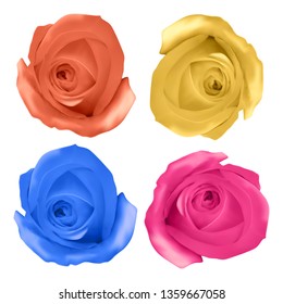 Set of realistic roses of bright yellow, orange, pink and blue colors on white background, Vector roses, decoration for your design