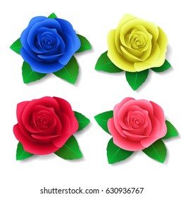 A set of realistic roses in different colors. Vector graphics