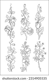 Conjunto de rosas realistas. Elementos decorativos botánicos vectoriales en blanco y negro, contornos y diferentes formas y siluetas de rosas, pintura de una línea.