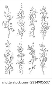 Conjunto de rosas realistas. Elementos decorativos botánicos vectoriales en blanco y negro, contornos y diferentes formas y siluetas de rosas, pintura de una línea.