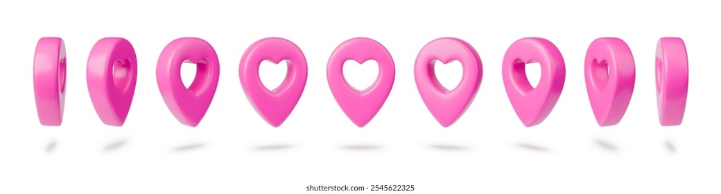 Set of realistic rotation map pointer with heart inside. 3D love pin from differen view on white background. Pink location tag vector illustration for navigation. Love location concept