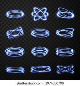 Set of realistic rotation neon glowing light effect vector illustration. Collection of blue circle lines design elements isolated on black transparent. Vibrant abstract futuristic waves swirl energy