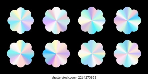 Set of realistic round flower-shaped holograms. Rainbow color gradient. Multicolored texture.3d vector illustration on a black background.