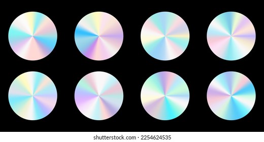 Set of realistic round holograms. Rainbow color gradient. Multicolored texture.3d vector illustration isolated on black background.