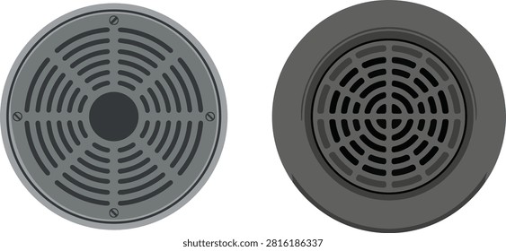 Set of realistic round metal floor drain covers with circular grill patterns. Industrial vector design suitable for plumbing, construction, bathroom, drainage, and architectural projects.