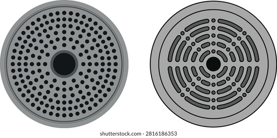 Set of realistic round metal floor drain covers with circular grill patterns. Industrial vector design suitable for plumbing, construction, bathroom, drainage, and architectural projects.