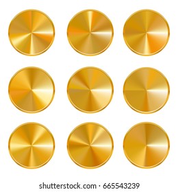 Set of realistic round metal  gold buttons. Vector illustration
