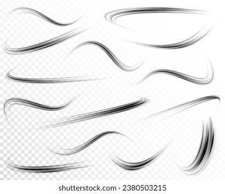 Set of realistic round shadow and shadow effect. Black speed stripes of various shapes of zigzags, spirals, drills and arcs on a transparent white background vector illustration.	