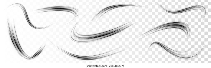 Set of realistic round shadow and shadow effect. Black speed stripes of various shapes of zigzags, spirals, drills and arcs on a transparent white background vector illustration.	
