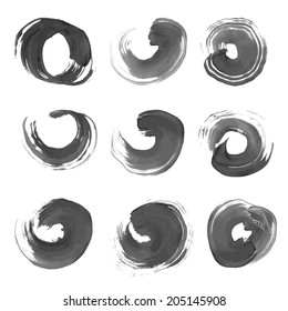 Set of realistic round smears of black ink