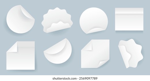 Set of realistic round and square stickers. Isolated blank paper sheets on background. White elements for notes, reminders, memos, mockups, and planners. Various vector sticker designs.