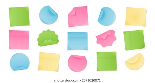 Set of realistic round and square stickers. Isolated blank paper sheets with curved edges on white background. Multicolored elements for notes, mockups, and planners. Various vector sticker designs.