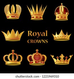 Set of realistic royal golden crowns with Gradient Mesh on black background. Vector Illustration.