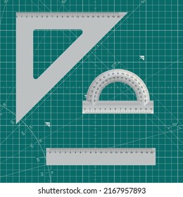 Conjunto de reglas realistas, con formas estrechas, triangulares y angulares, sobre el fondo de la alfombra de corte, Vector pack 06