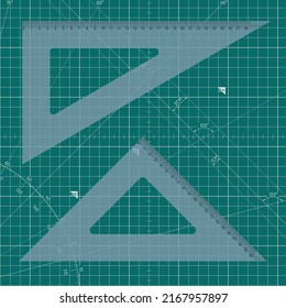 Set of realistic rulers, with strait, triangle and angle shapes, on cutting mat background, Vector pack 13