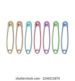 Set of Realistic safety pins for clothes, safety pins of rainbow colors isolated on white, vector illustration