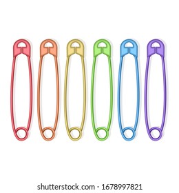 Set of Realistic safety pins for clothes, safety pins of rainbow colors isolated on white, vector EPS 10 illustration