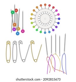 Set of Realistic safety pins for clothes, safety pins of rainbow colors isolated on white, vector EPS 10 illustration