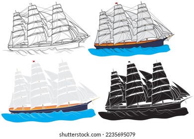 Set of Realistic sailboat sails on the waves. Sailboat at sea. Vector illustration.