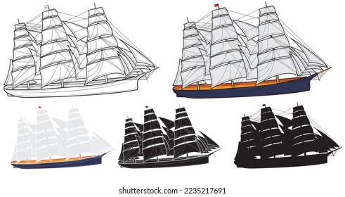 Set of Realistic sailing ship. Sailboat at sea. Vector illustration.