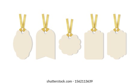 Set of realistic sale tags and labels with golden ribbon. Vector template.