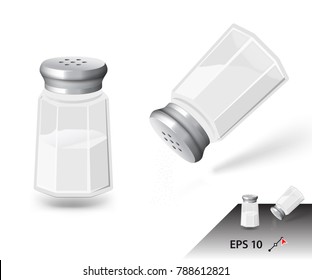 Set of realistic salt shakers in two foreshortening of a white background. Vector illustration isolated on white background, ready and simple to use for your design.