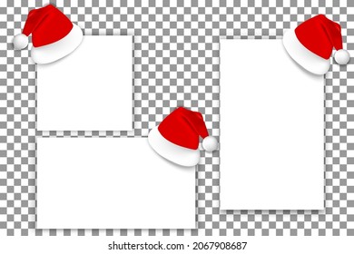 Juego de sombreros realistas de Santa Claus con pizarra blanca aislada en fondo transparente. Elemento de Año Nuevo y Navidad para banner, tarjeta de regalo, afiche. Afiche de papel, pancarta blanca.
