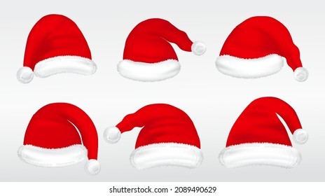 set of realistic santa hats isolated or claus hat clothes christmas or santa claus red hat winter concept. eps vector